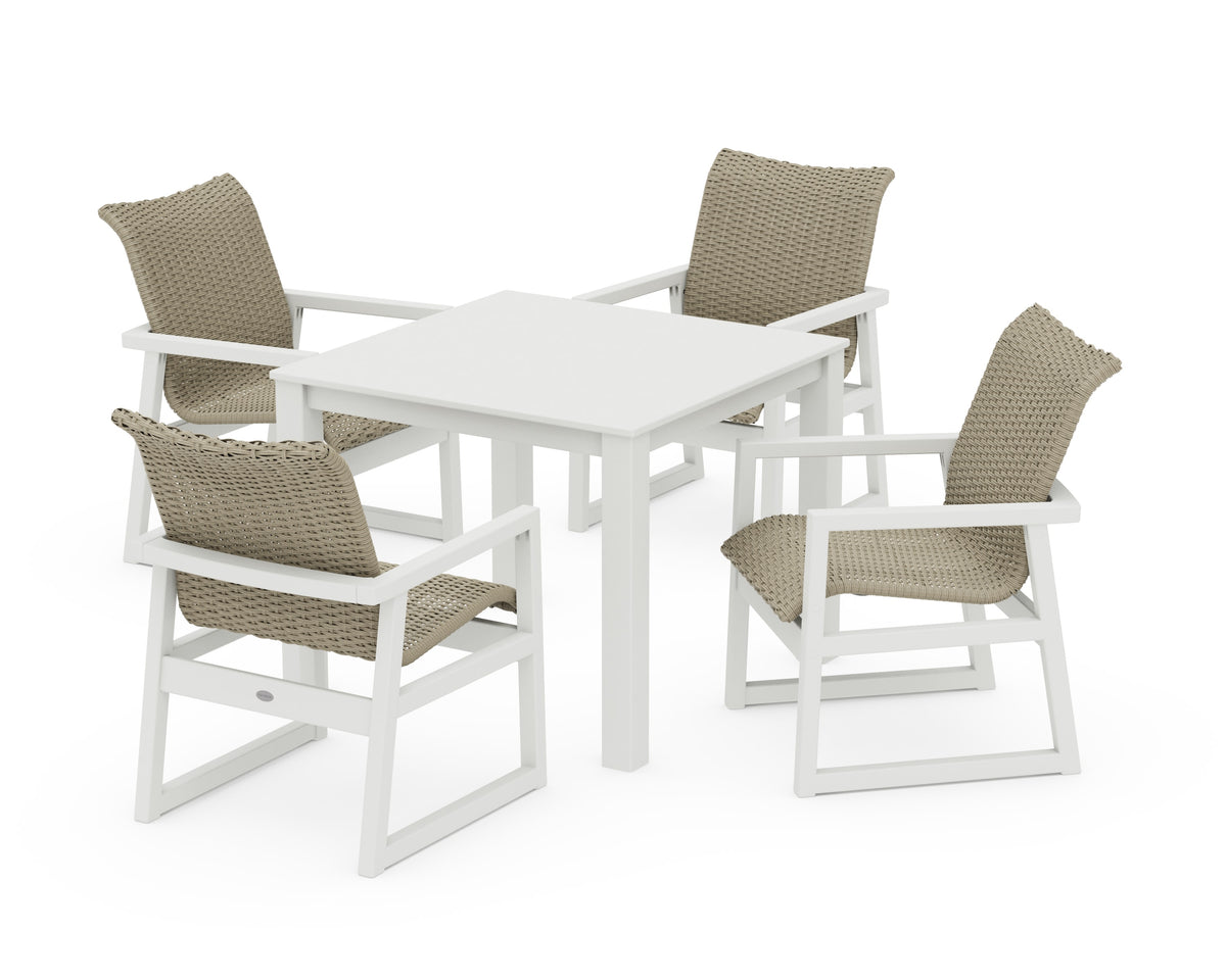 POLYWOOD EDGE Woven 5-Piece Parsons Dining Set in White / Dune Grass