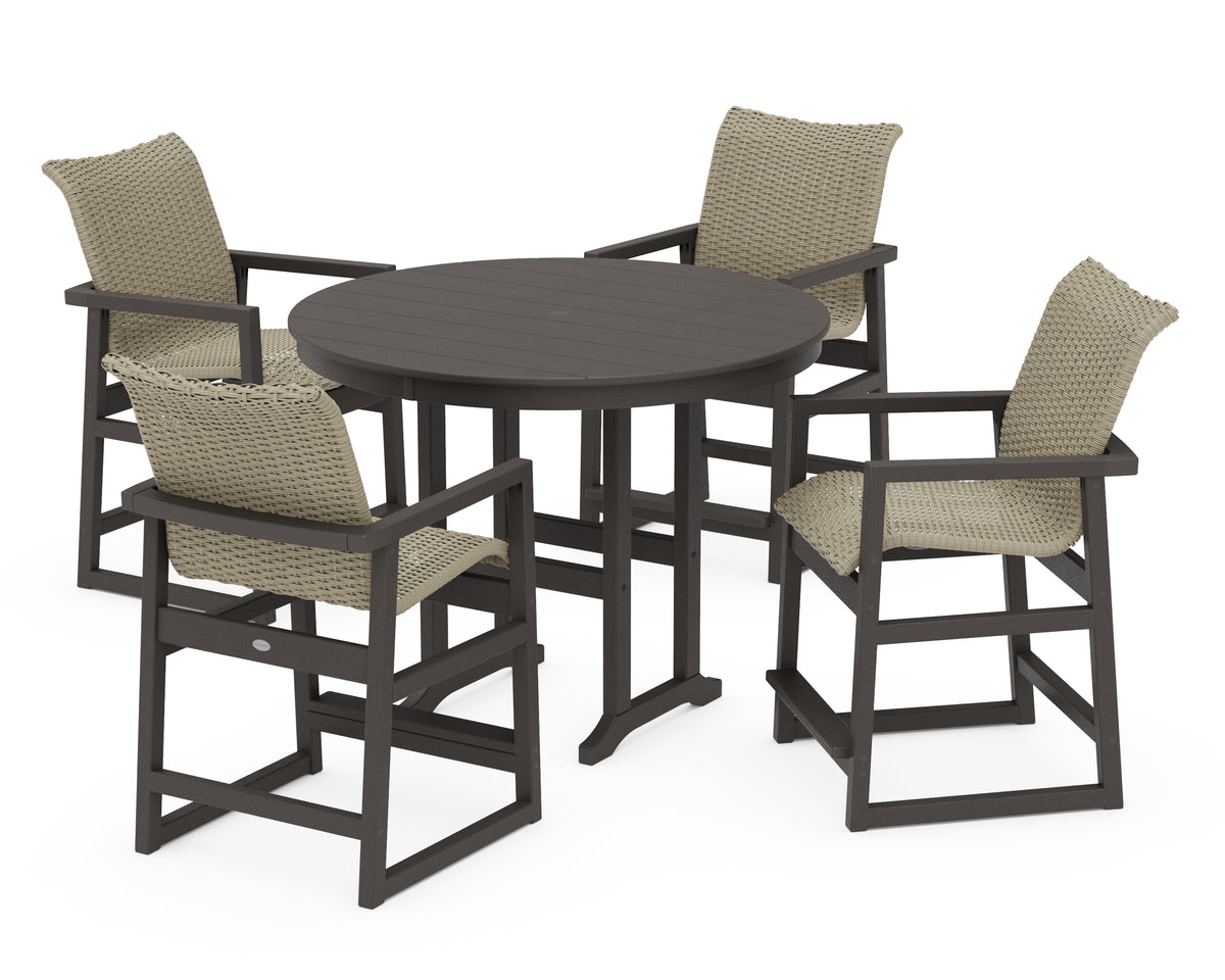 POLYWOOD EDGE Woven 5-Piece Round Farmhouse Counter Set in Vintage Coffee / Dune Grass