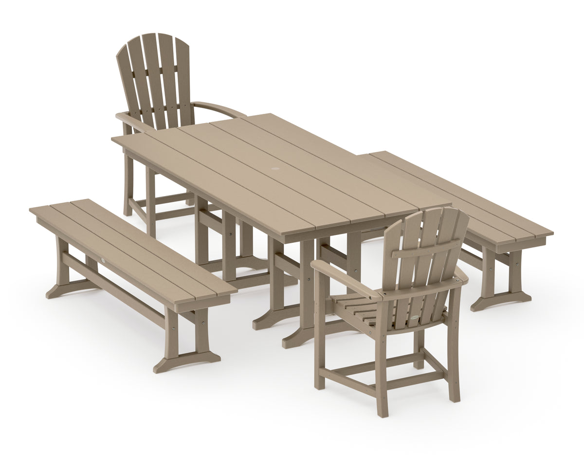 POLYWOOD Palm Coast 5-Piece Farmhouse Dining Set with Benches in Vintage Sahara