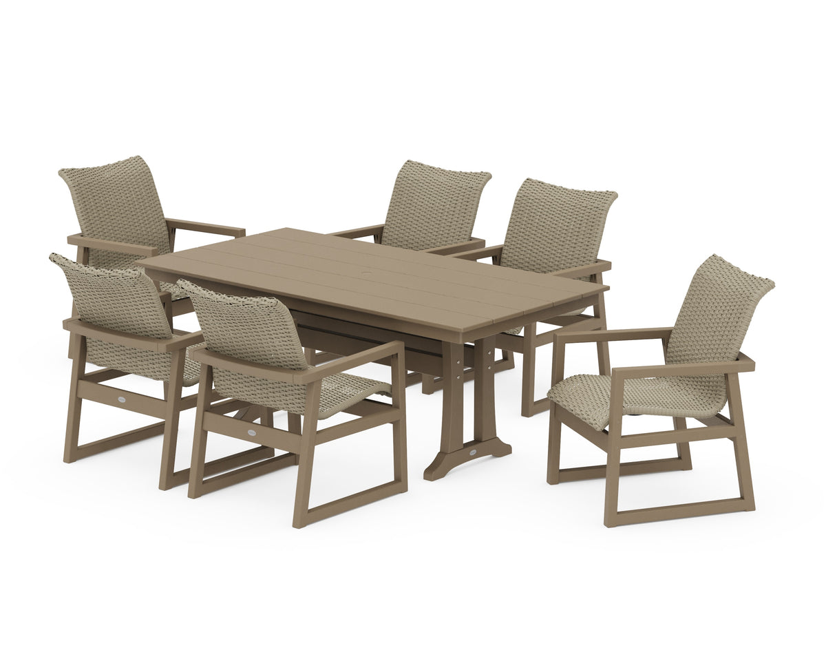 POLYWOOD EDGE Woven Arm Chair 7-Piece Farmhouse Dining Set with Trestle Legs in Vintage Sahara / Dune Grass