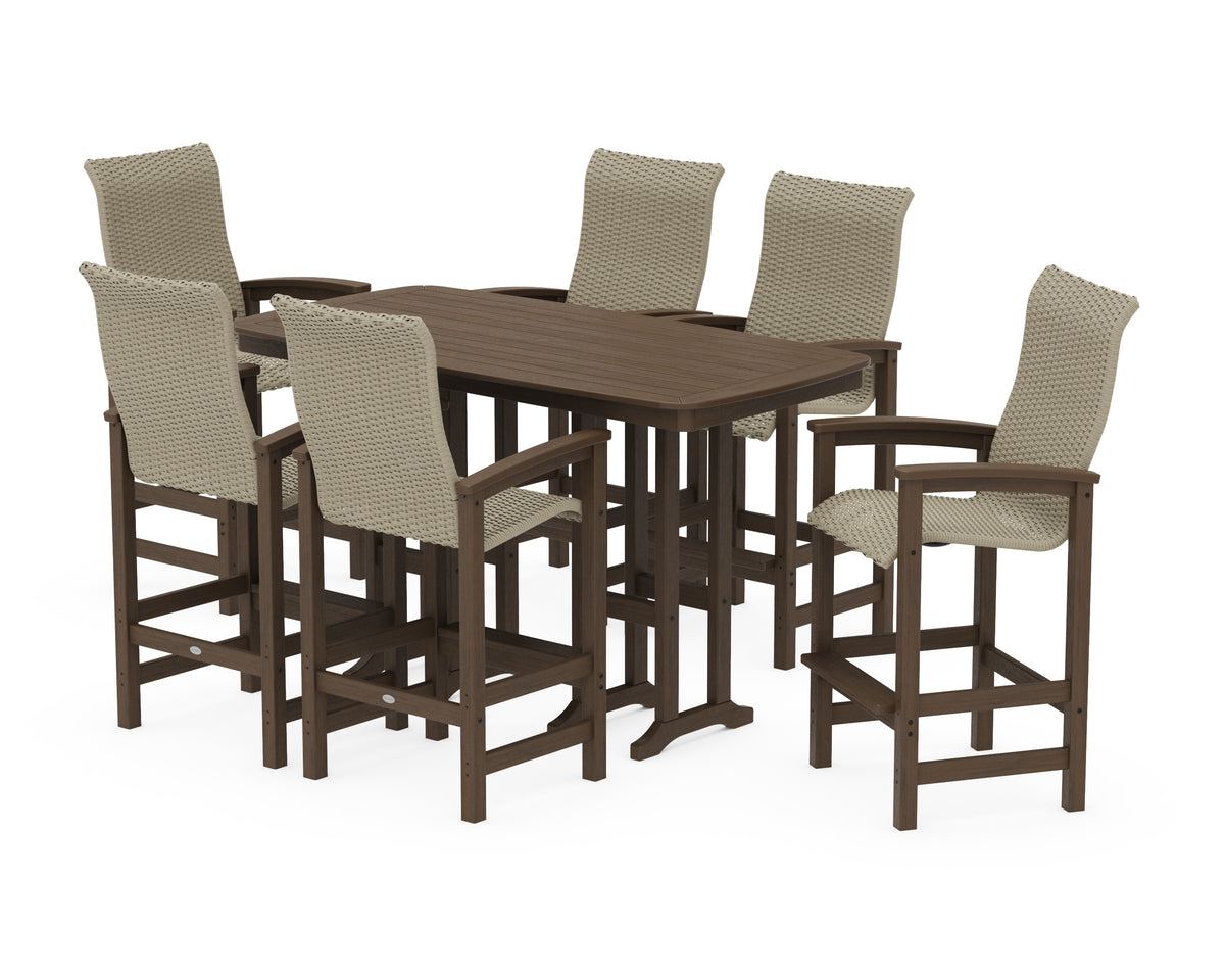 POLYWOOD Coastal Woven High-Back Arm Chair 7-Piece Bar Set in Kona / Dune Grass