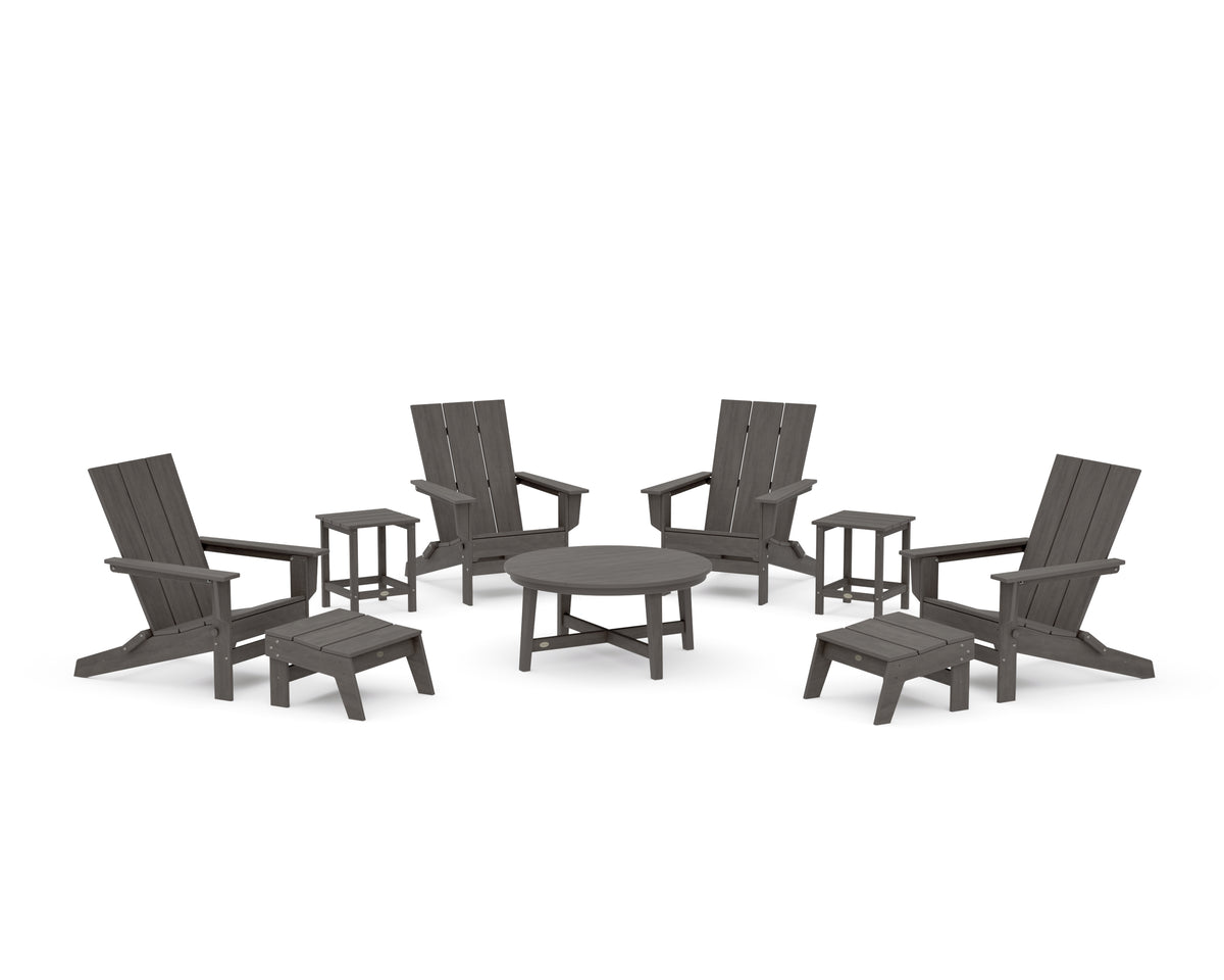 POLYWOOD Modern Studio Folding Adirondack 9-Piece Conversation Set in Driftwood