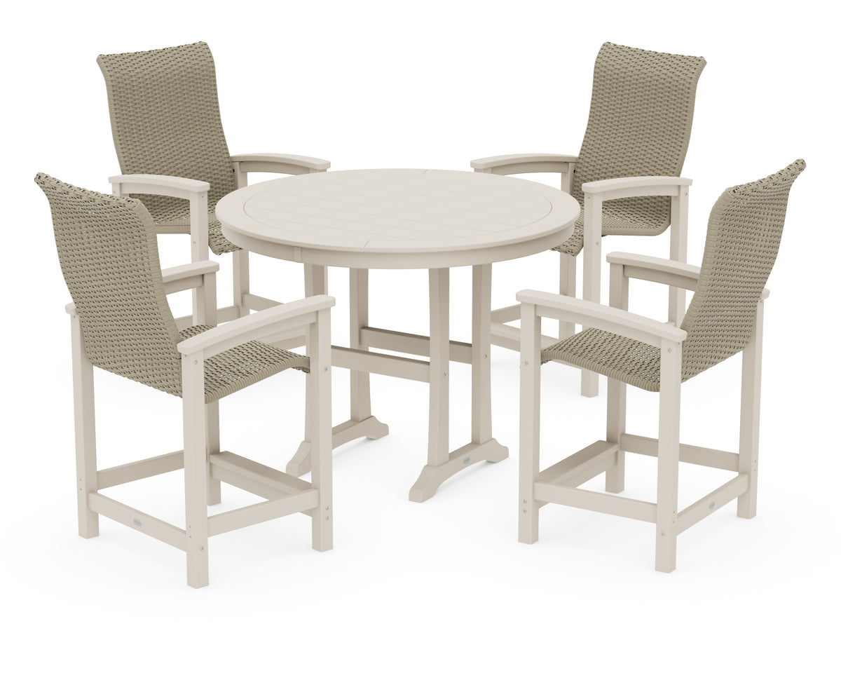 POLYWOOD Coastal Woven High-Back 5-Piece Round Counter Set in Sand / Dune Grass