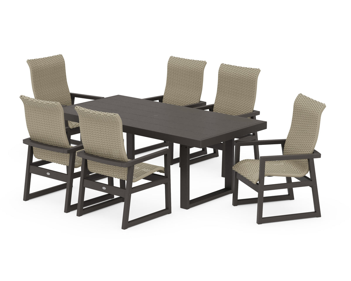 POLYWOOD EDGE Woven High-Back Arm Chair 7-Piece Dining Set in Vintage Coffee / Dune Grass