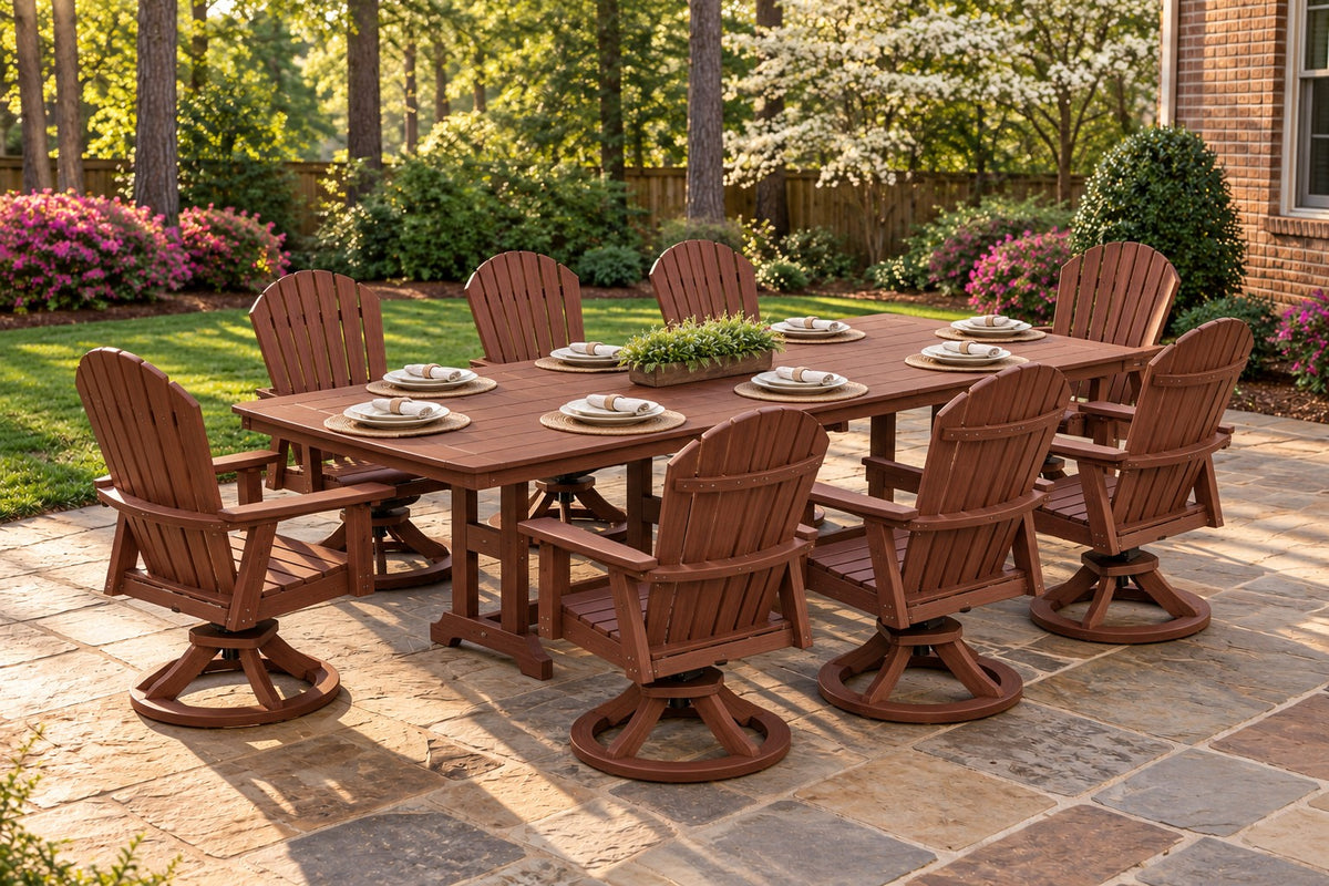 Berlin Gardens Comfo Back 44" x 96" Swivel Rocker Dining Set for 8 on a backyard patio