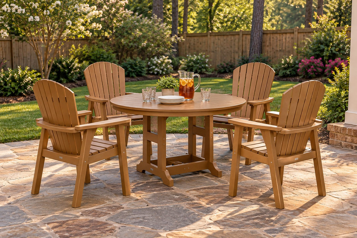 Berlin Gardens Garden Classic 48" Round Dining Set with 4 Comfo Back Dining Chairs on a backyard patio