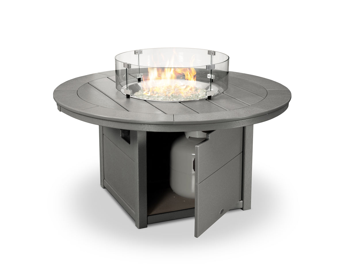 Angled view of the POLYWOOD Round 48" Fire Pit Table in Slate Grey