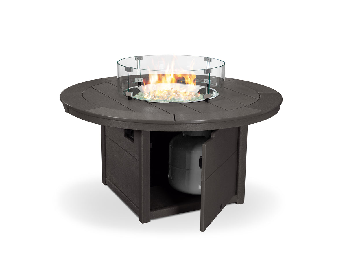 Angled view of the POLYWOOD Round 48" Fire Pit Table in Vintage Coffee