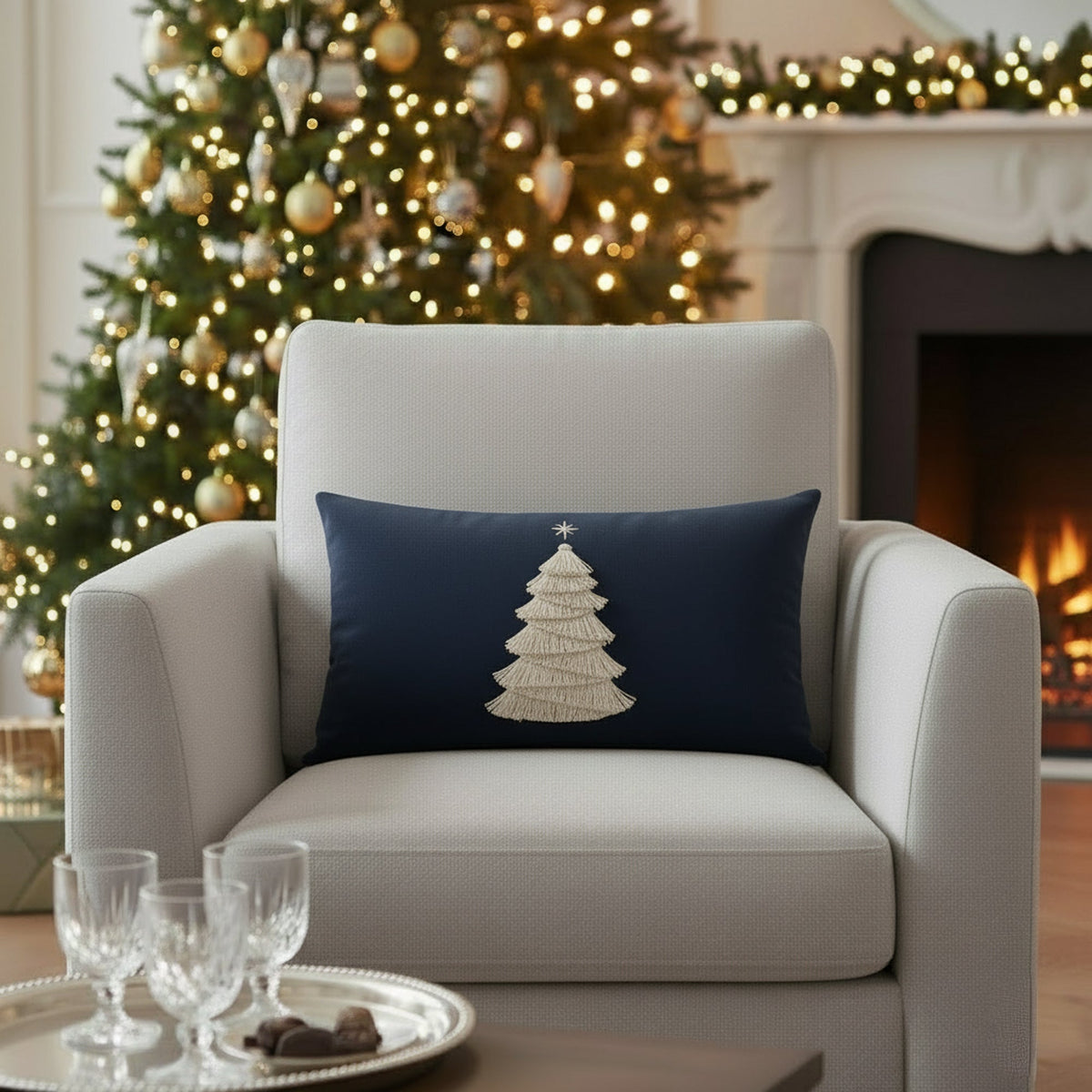 Elaine Smith Fraser Fir Midnight outdoor pillow, navy - view 3