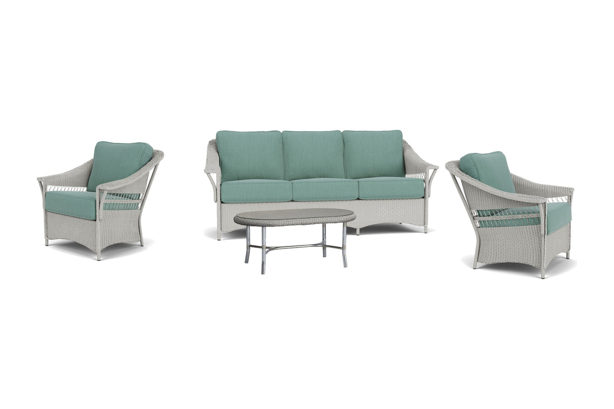 Lloyd Flanders Nantucket 4-Piece Living Room Set in Platinum frame with Loveboat Mint fabric - all pieces shown