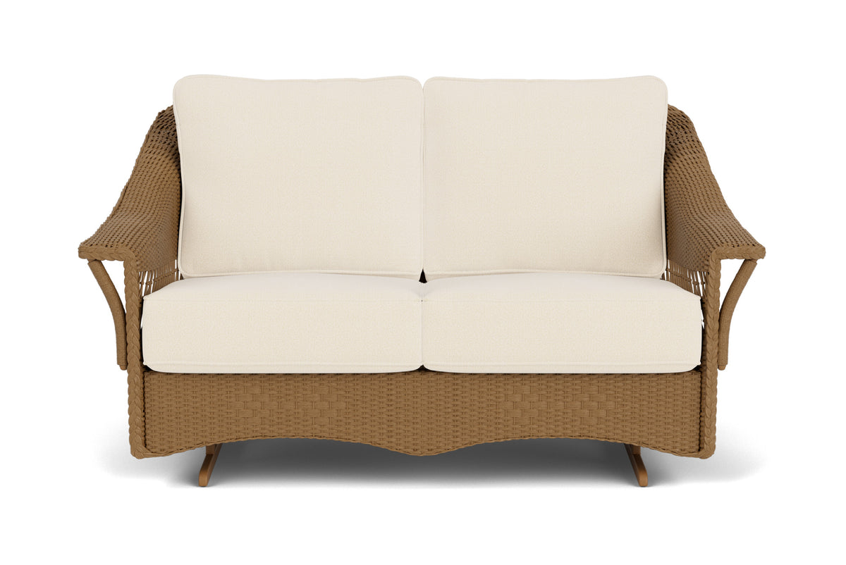 Lloyd Flanders Nantucket Loveseat Glider in Hickory frame with Brightside Egret fabric