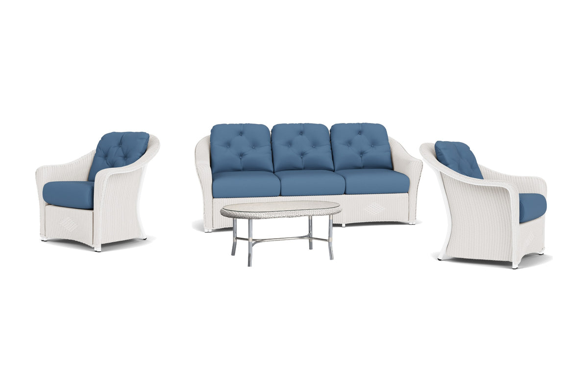 Lloyd Flanders Reflections 4-Piece Living Room Set in White frame with Brightside Sea Blue fabric - all pieces shown