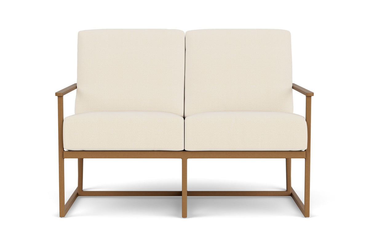 Lloyd Flanders Summit Loveseat in Hickory frame with Brightside Egret fabric