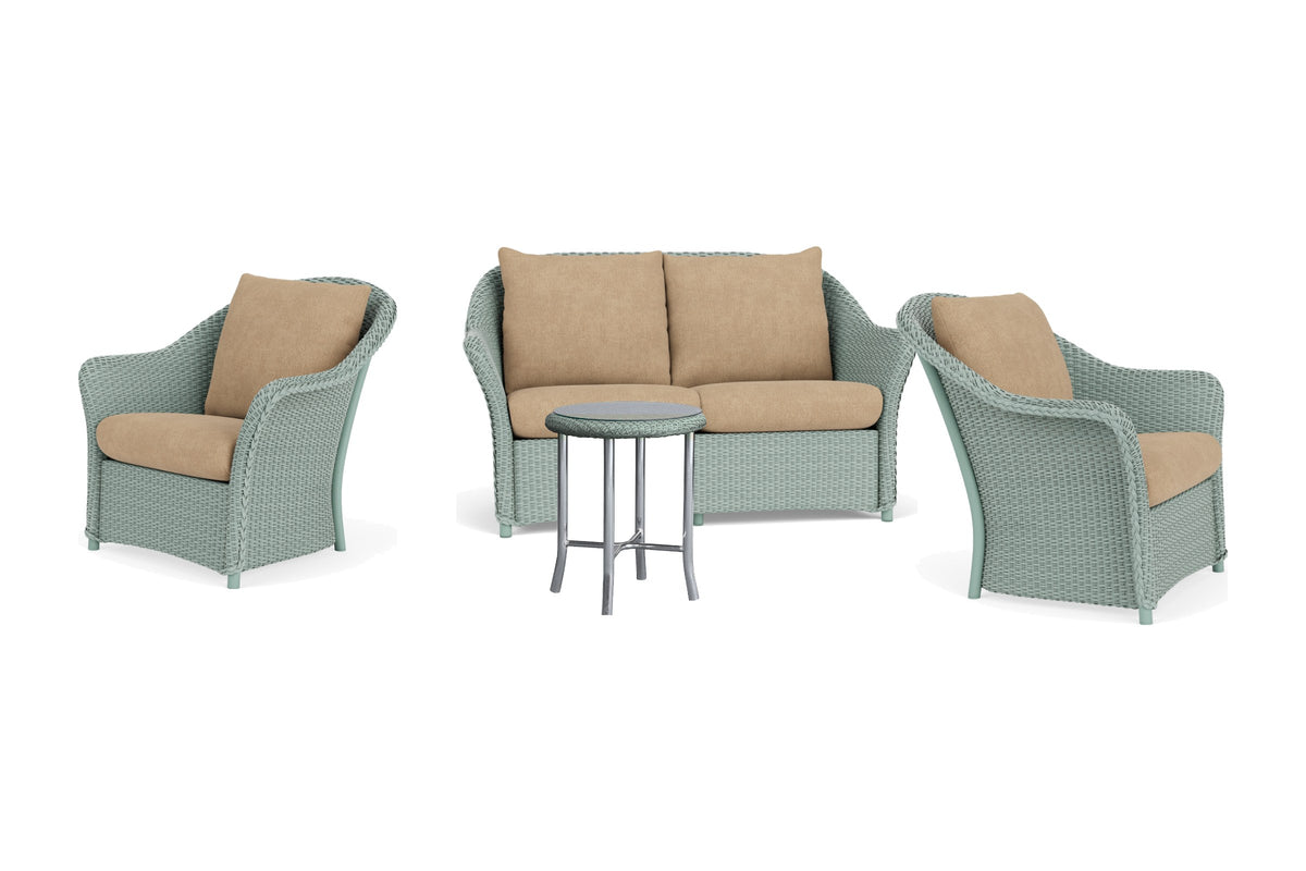 Lloyd Flanders Weekend Retreat 4-Piece Conversation Set in Sea Glass frame with Hayden Sand fabric - all pieces shown