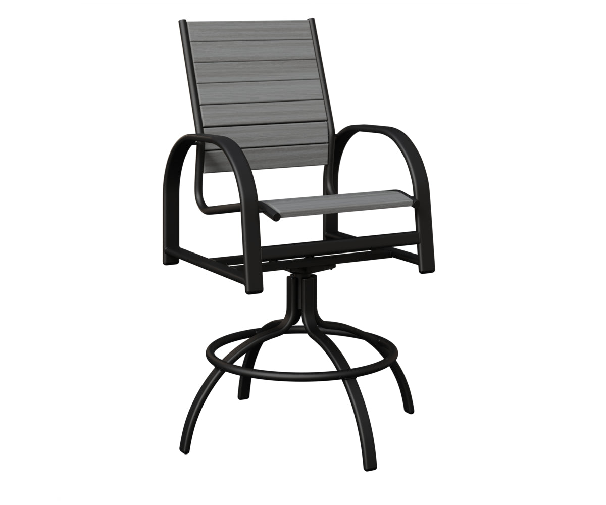 Berlin Gardens Murphy Poly Swivel Bar Chair in Black, Driftwood Gray slats