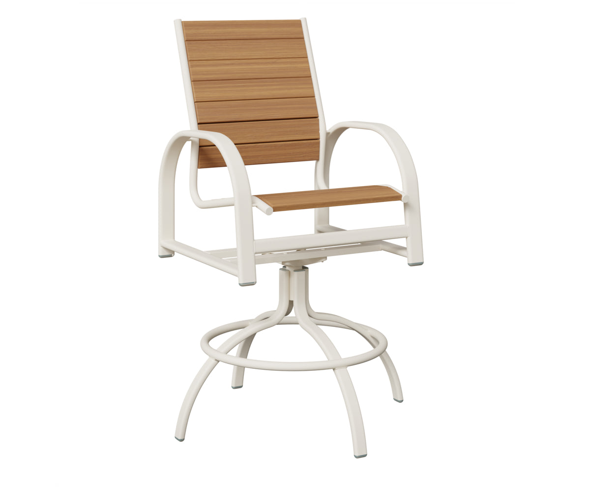 Berlin Gardens Murphy Poly Swivel Bar Chair in White, Natural Teak slats