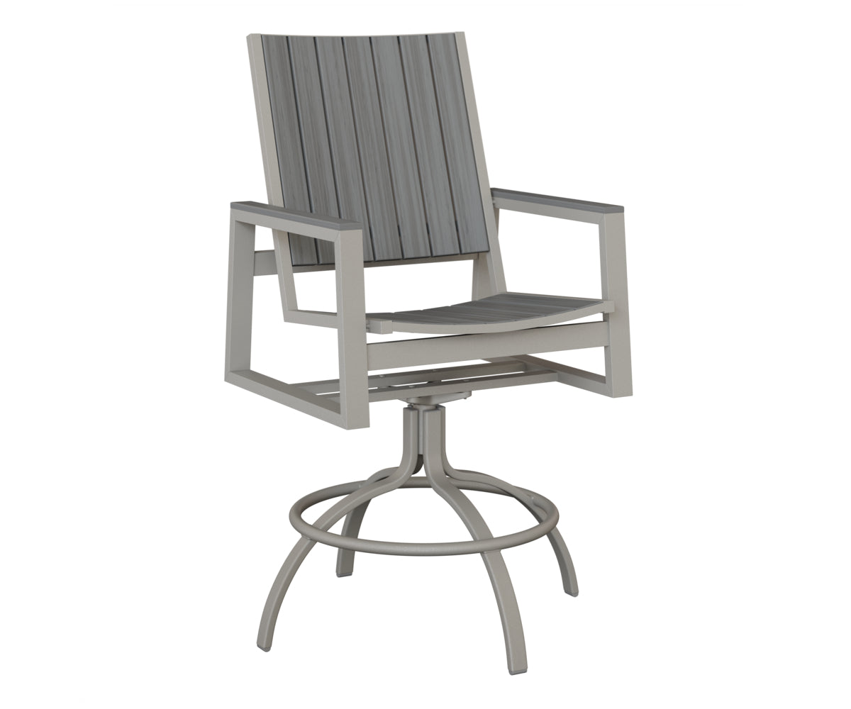 Berlin Gardens Vida Poly Swivel Bar Chair in Platinum Silver, Driftwood Gray slats