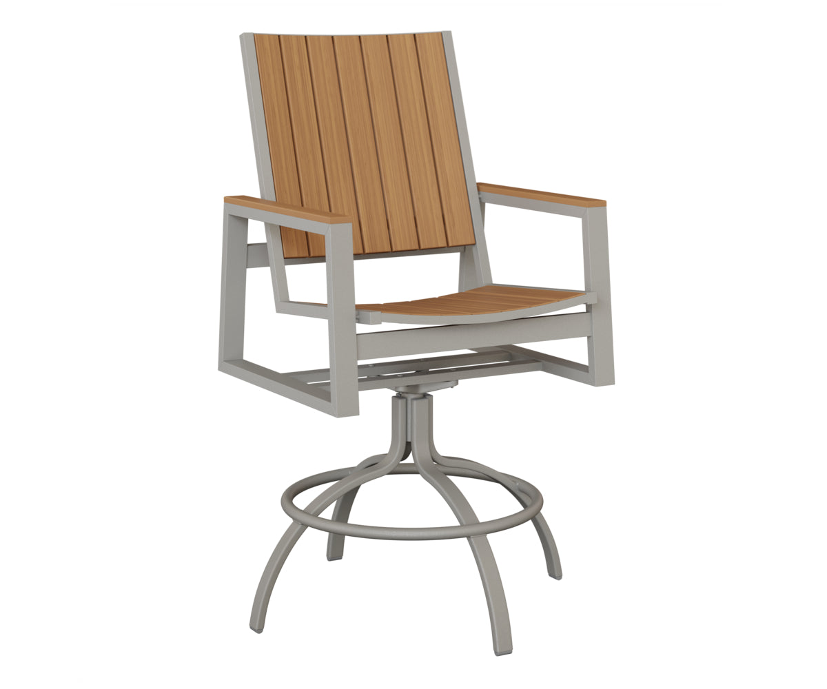 Berlin Gardens Vida Poly Swivel Bar Chair in Platinum Silver, Natural Teak slats