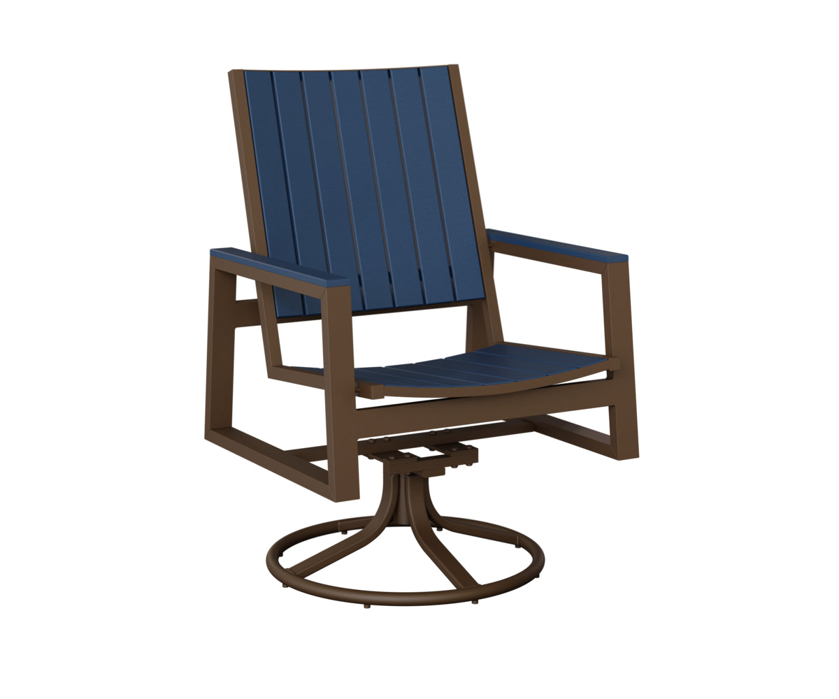 Berlin Gardens Vida Poly Swivel Rocker Dining Chair in Mesquite Wood Vein, Navy Blue slats