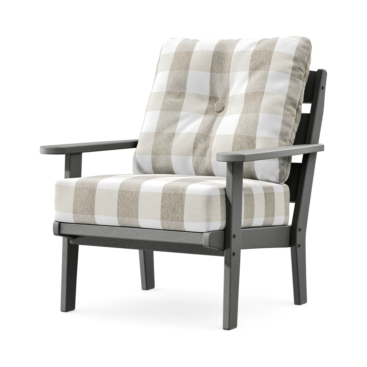 POLYWOOD Lakeside Deep Seating Chair in Slate Grey / Buffalo Plaid Dune Burlap