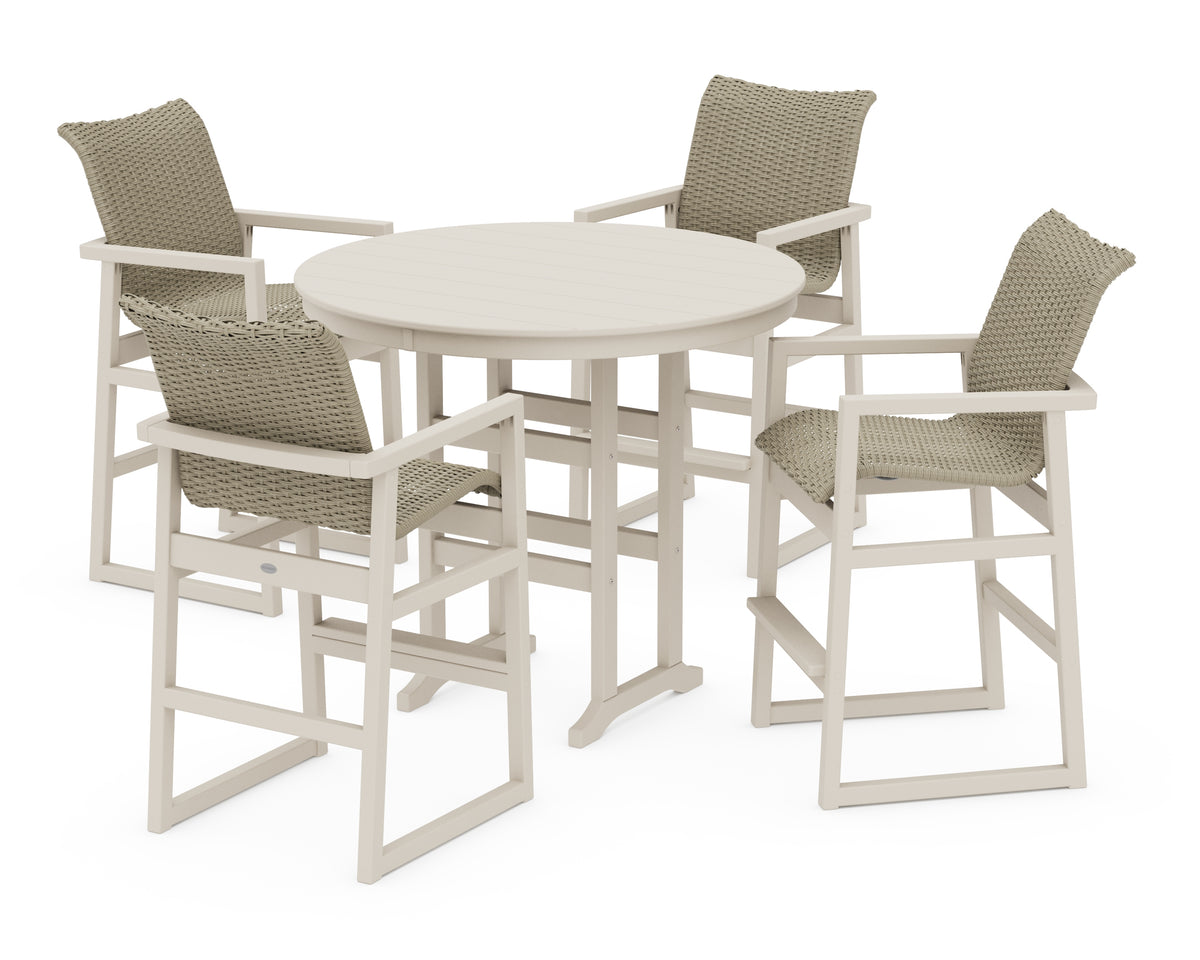 POLYWOOD EDGE Woven 5-Piece Round Farmhouse Bar Set in Sand / Dune Grass