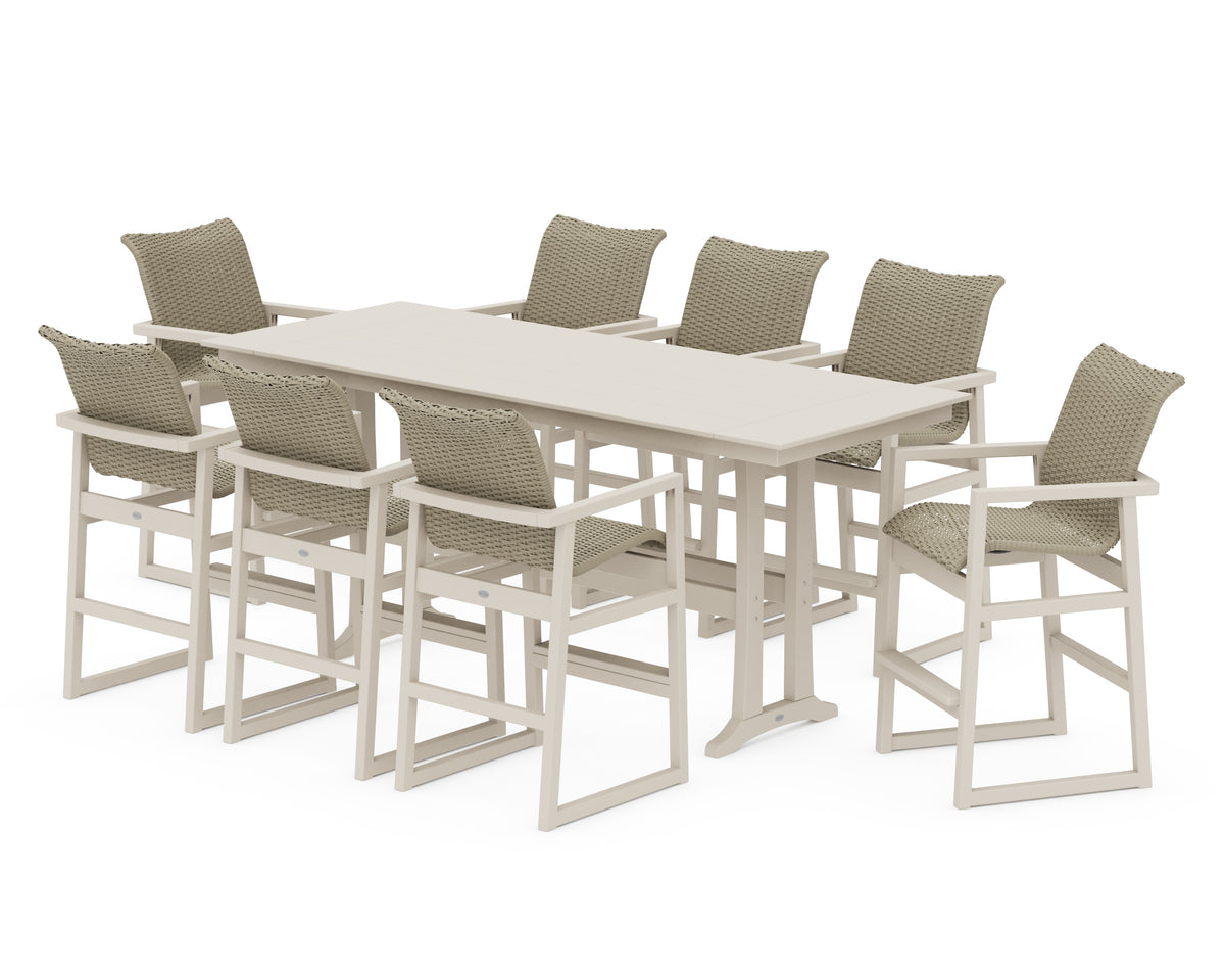 POLYWOOD EDGE Woven 9-Piece Farmhouse Bar Set with Trestle Legs in Sand / Dune Grass