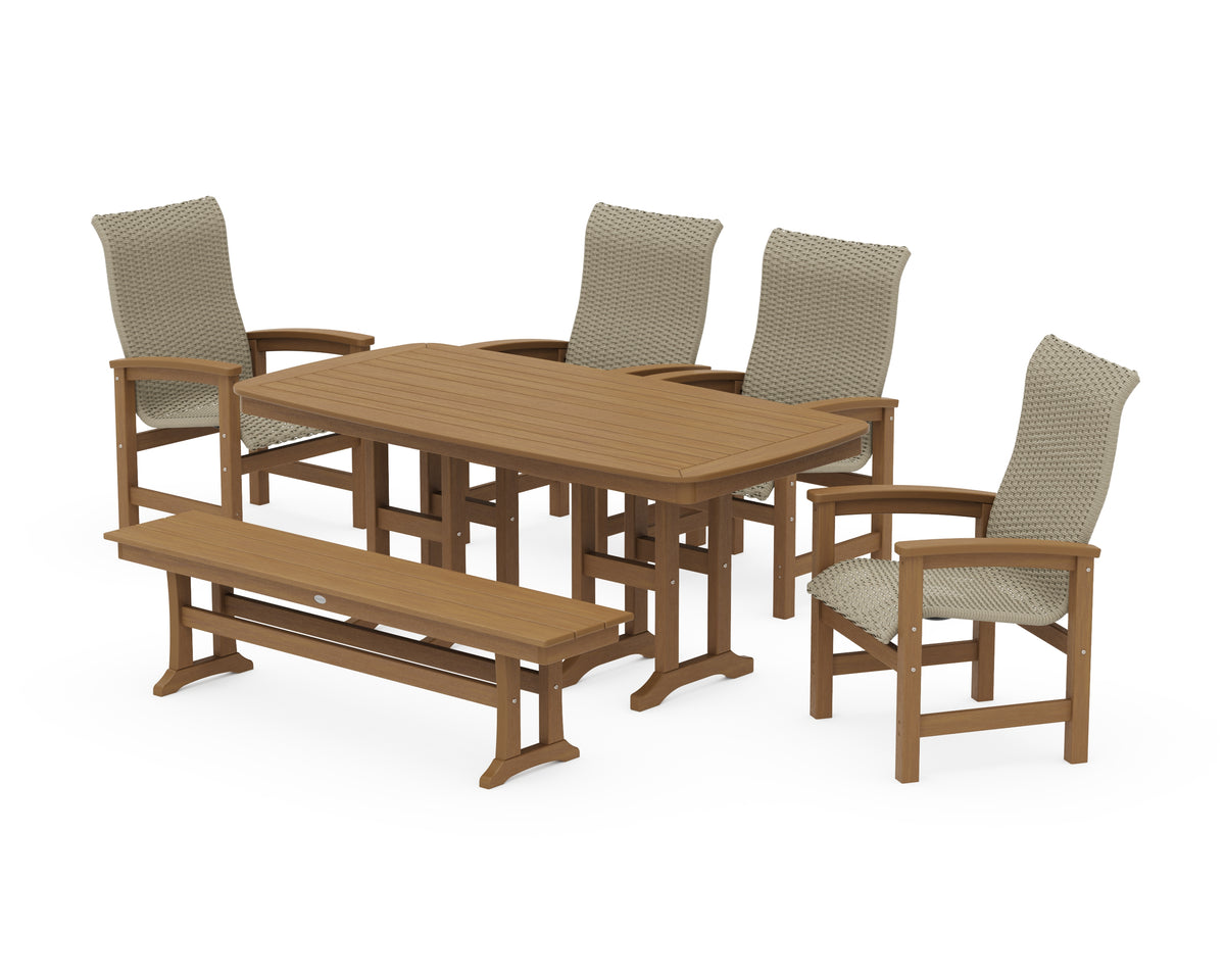 POLYWOOD Coastal Woven High-Back 6-Piece Farmhouse Dining Set with Bench with Nautical 37" x 72" Dining Table in Natural / Dune Grass