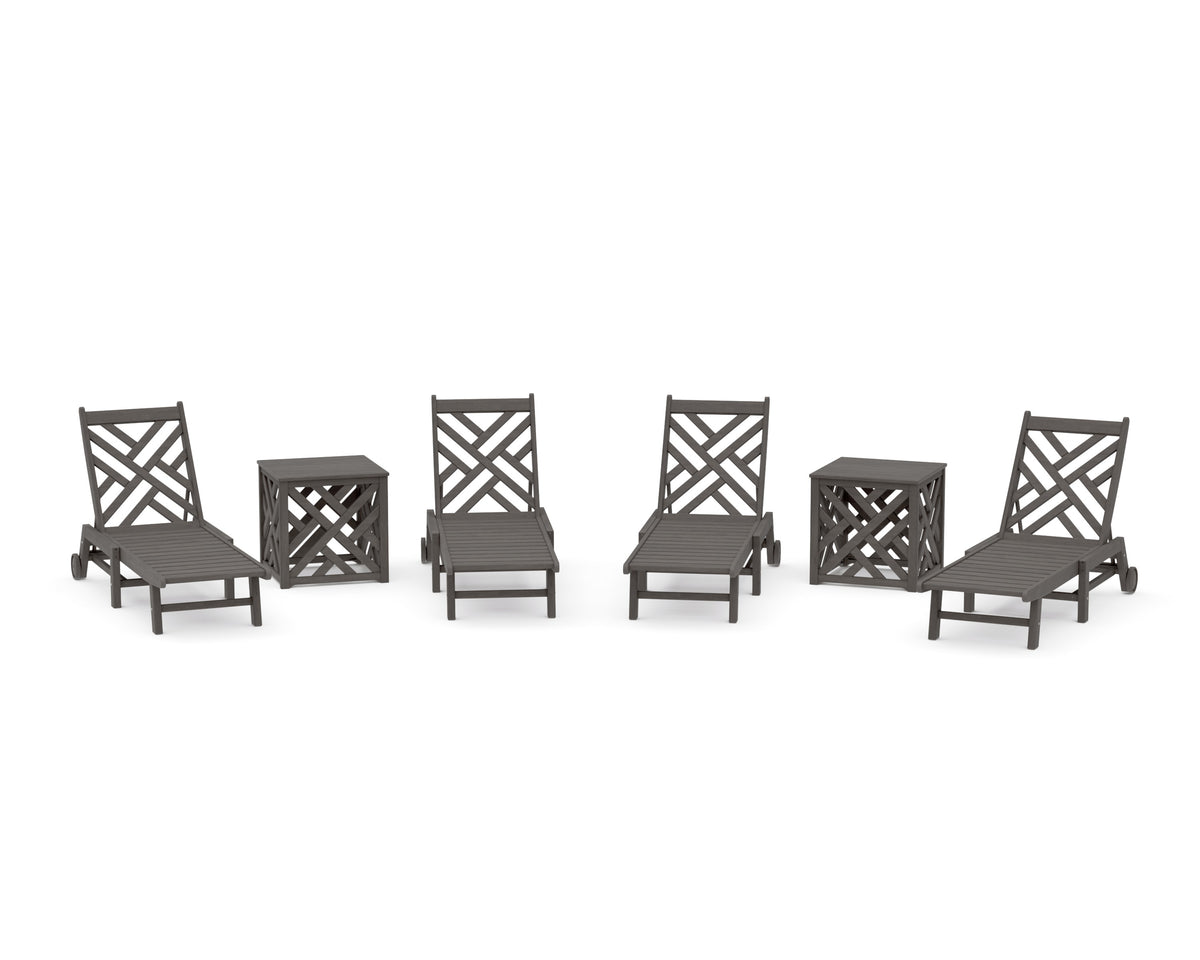 POLYWOOD Chippendale 6-Piece Chaise Set with Wheels and Umbrella Stand Accent Table in Driftwood
