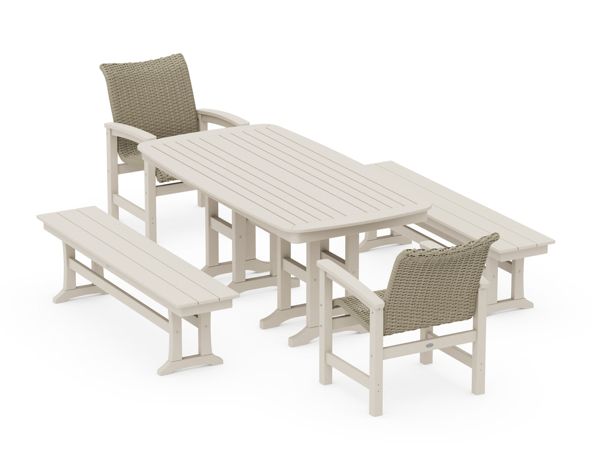 POLYWOOD Coastal Woven 5-Piece Dining Set with Benches in Sand / Dune Grass