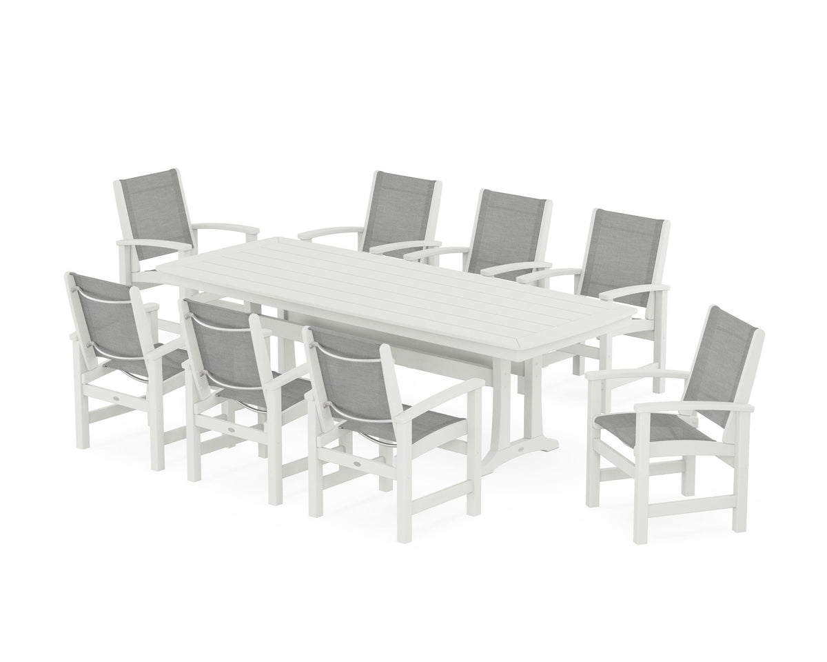 POLYWOOD Coastal 9-Piece Dining Set with Trestle Legs in Vintage White / Metallic