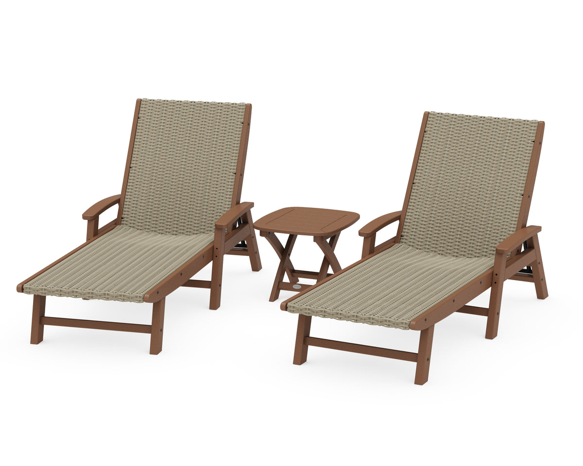 POLYWOOD 3-Piece Coastal Woven Chaise with Arms Lounge Set in Teak / Dune Grass