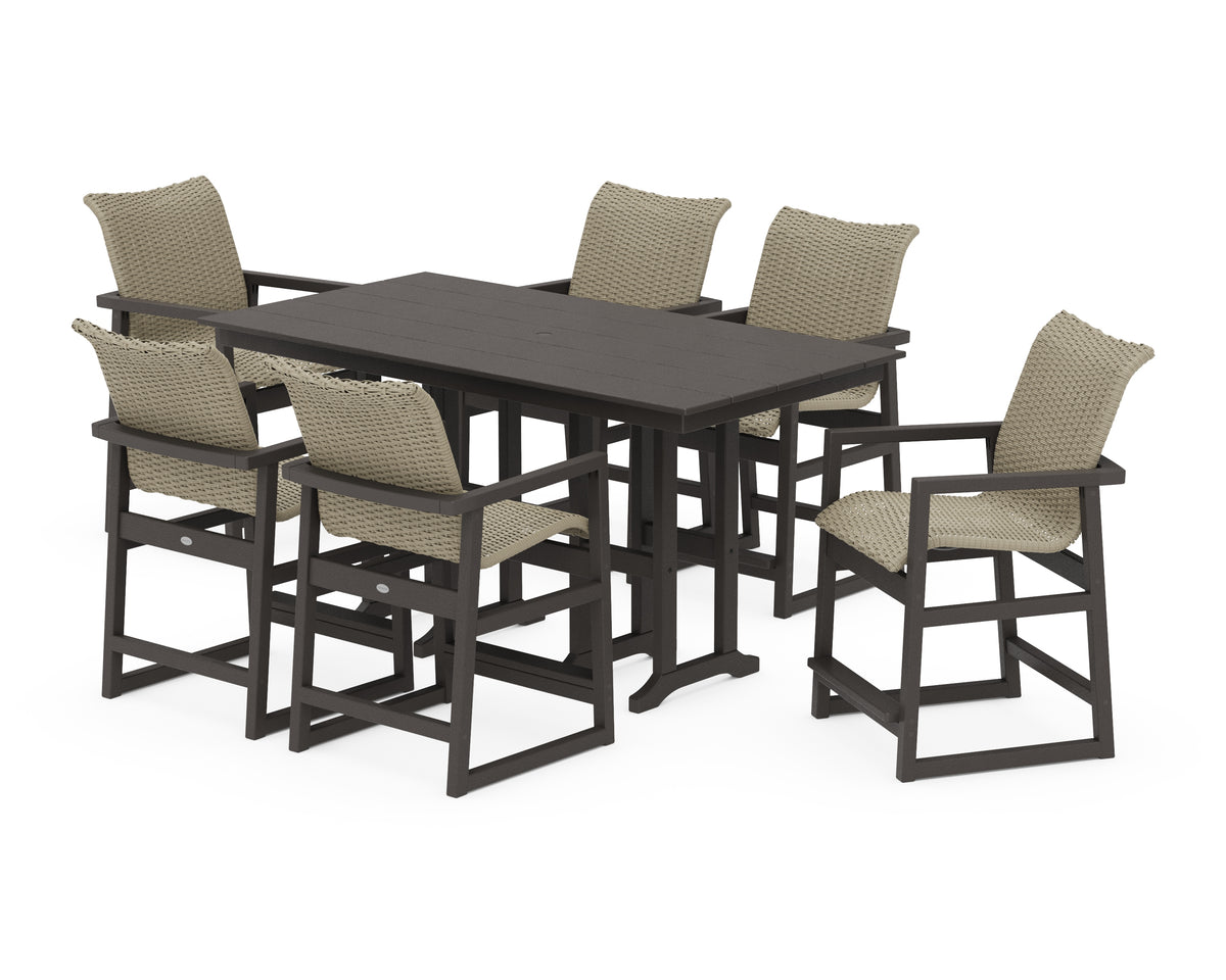 POLYWOOD EDGE Woven Arm Chair 7-Piece Farmhouse Counter Set in Vintage Coffee / Dune Grass