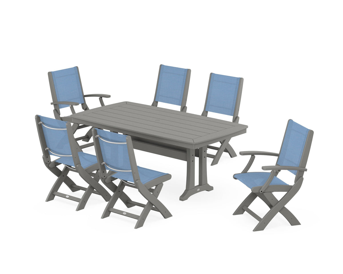 POLYWOOD Coastal Folding Chair 7-Piece Dining Set with Trestle Legs with Nautical Trestle 38" x 73" Dining Table in Slate Grey / Poolside