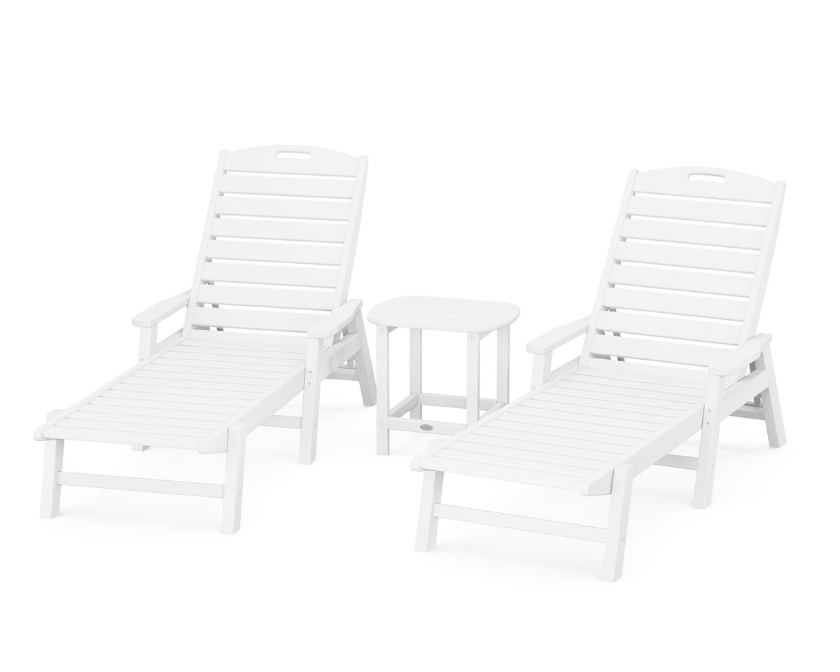 POLYWOOD Nautical 3-Piece Chaise Set with South Beach 18" Side Table in White