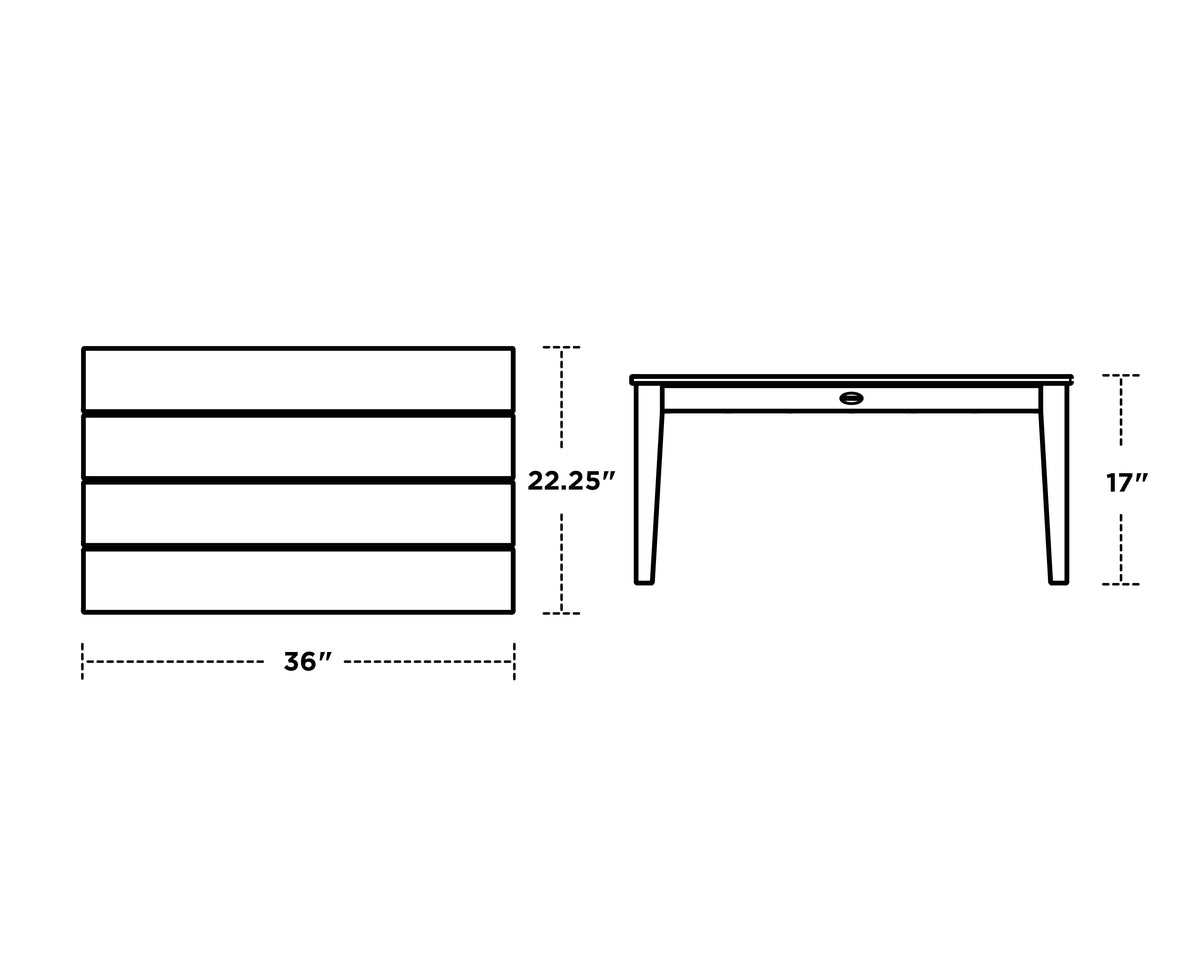 POLYWOOD Newport 22" x 36" Coffee Table dimension drawing with width, depth and height measurements