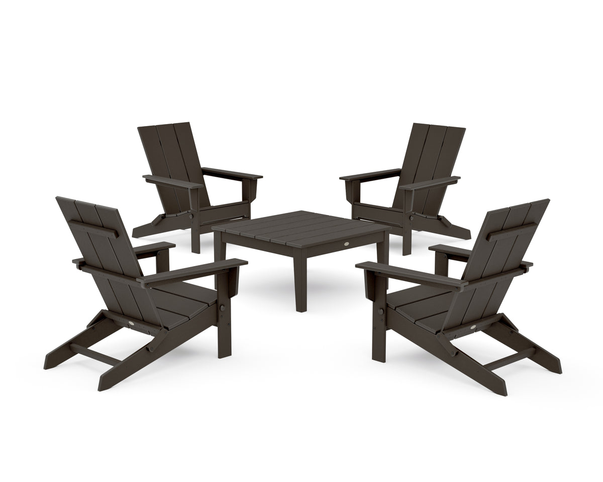 POLYWOOD 5-Piece Modern Studio Folding Adirondack Chair Conversation Group in Vintage Coffee