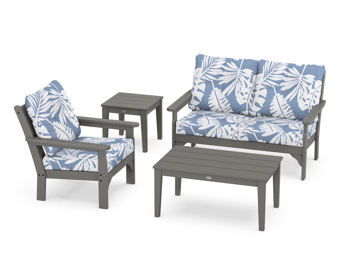POLYWOOD Vineyard 4-Piece Deep Seating Set with 36" Coffee Table in Slate Grey / Leaf Sky Blue