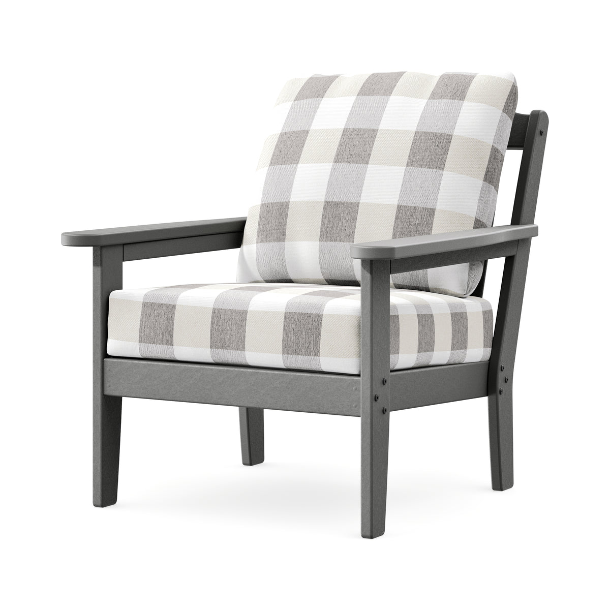 POLYWOOD Cottage Deep Seating Chair in Slate Grey / Buffalo Plaid Grey Mist