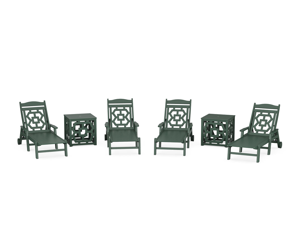 POLYWOOD Chinoiserie 6-Piece Chaise Set with Umbrella Stand Accent Table in Green