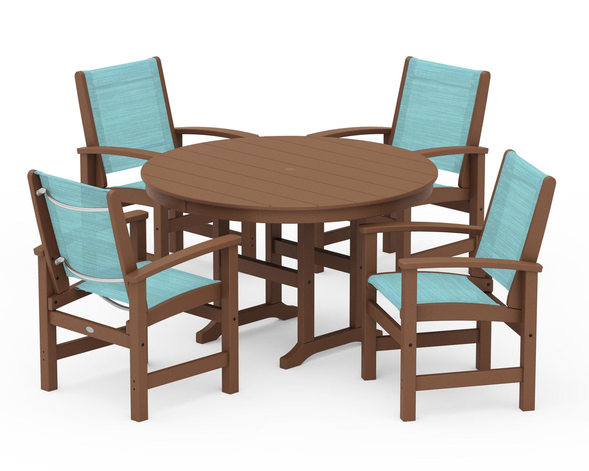 POLYWOOD Coastal 5-Piece Round Farmhouse Dining Set in Teak / Dupioni Aquamarine
