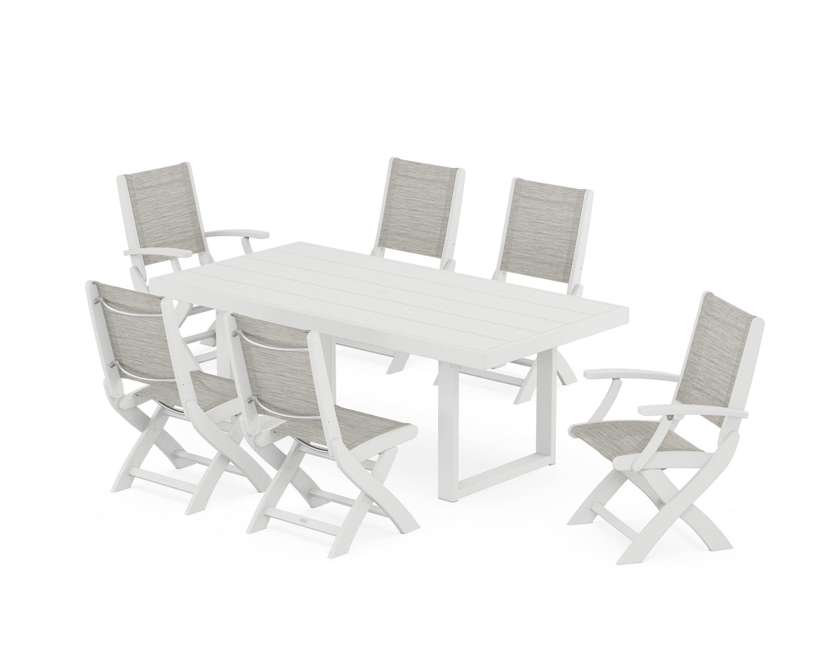 POLYWOOD Coastal Folding Chair 7-Piece Dining Set with Trestle Legs with EDGE 40" x 78" Dining Table in White / Birch