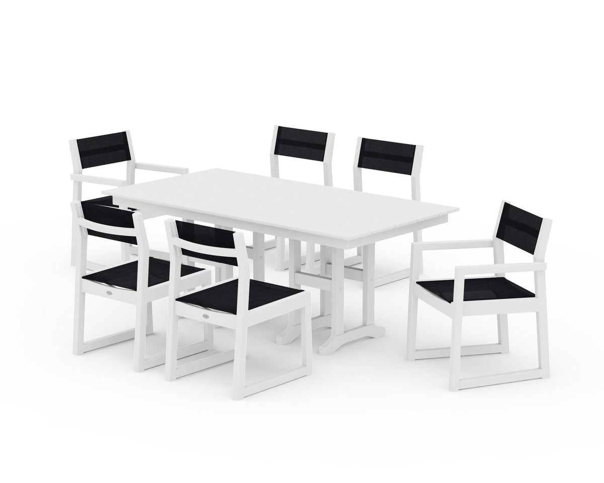 POLYWOOD EDGE Sling 7-Piece Farmhouse Dining Set in White / Black