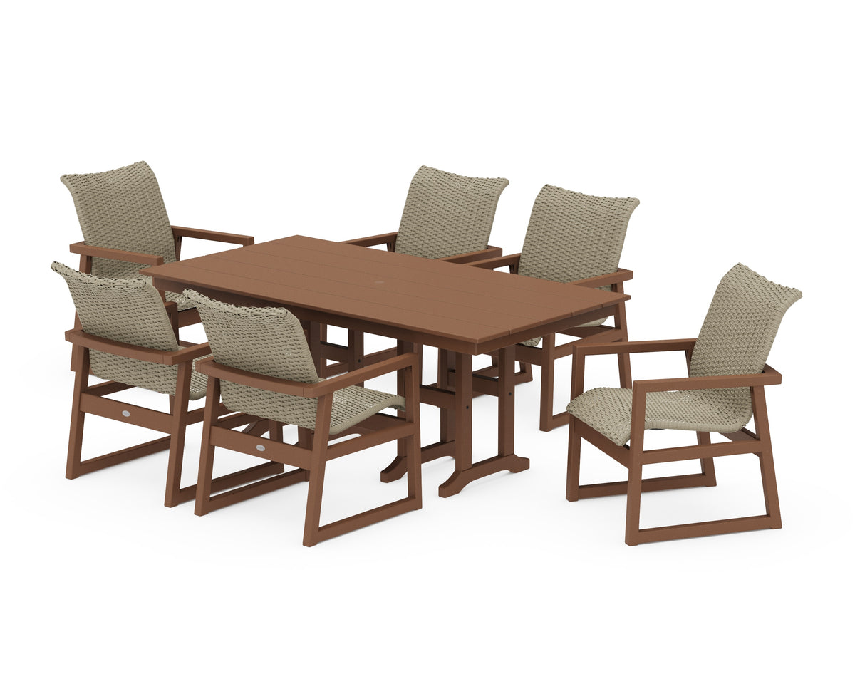 POLYWOOD EDGE Woven Arm Chair 7-Piece Farmhouse Dining Set in Teak / Dune Grass