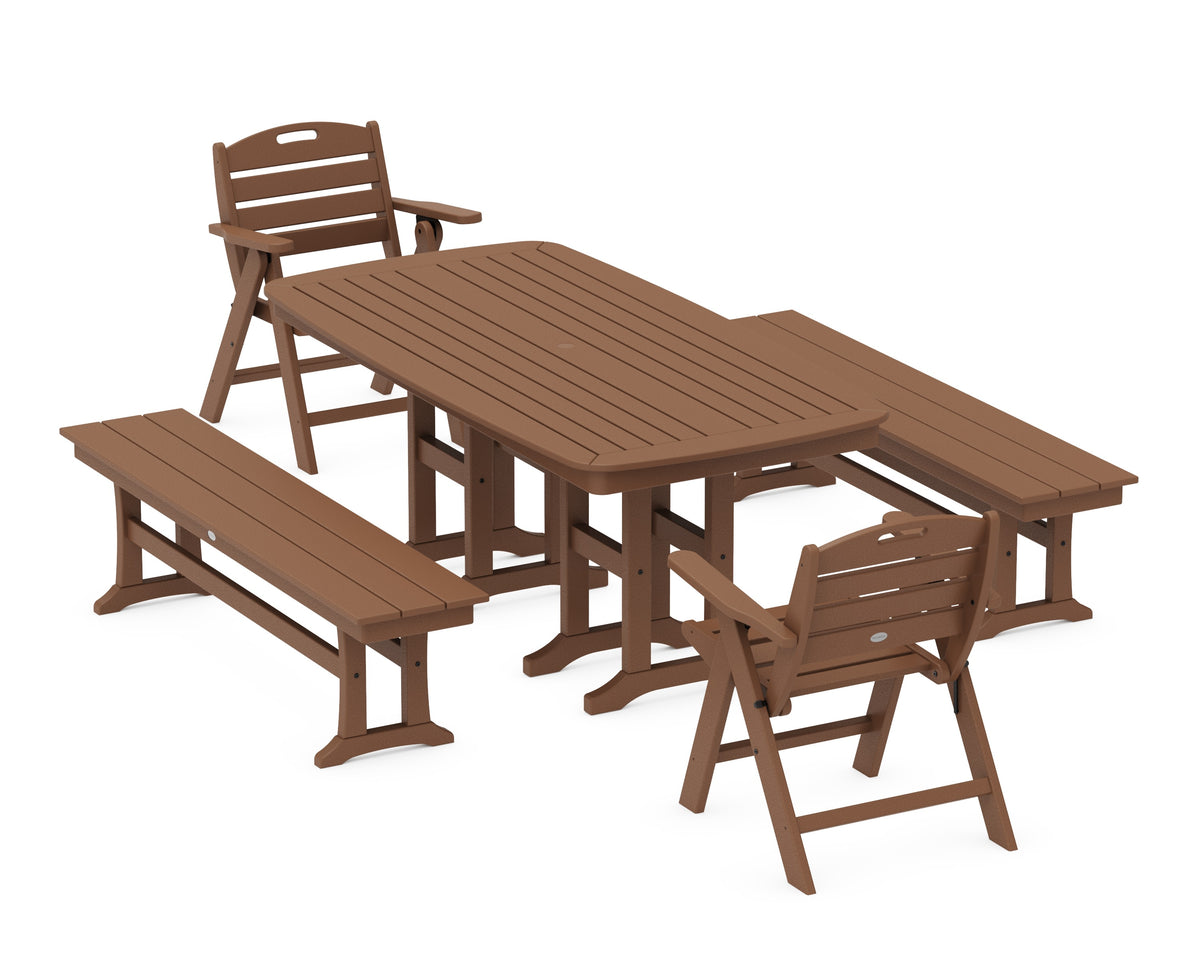 POLYWOOD Nautical Lowback 5-Piece Dining Set with Benches in Teak