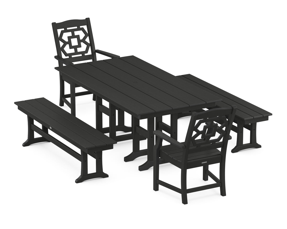 POLYWOOD Chinoiserie 5-Piece Farmhouse Dining Set with Benches in Black
