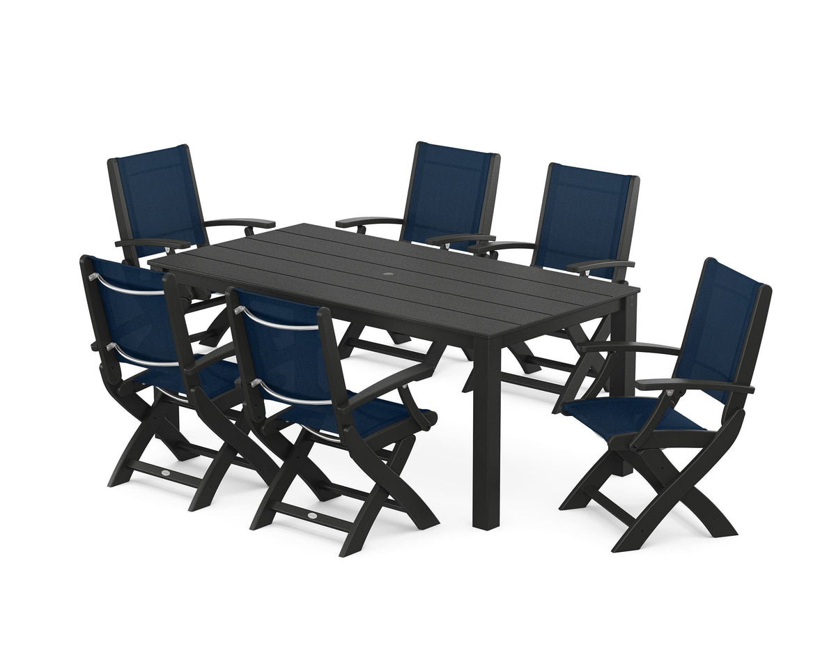 POLYWOOD Coastal Folding Chair 7-Piece Parsons Dining Set in Black / Navy Blue