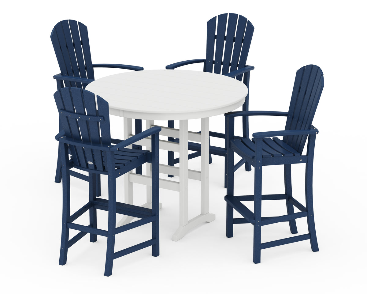 POLYWOOD Palm Coast 5-Piece Round Farmhouse Bar Set in Navy / White