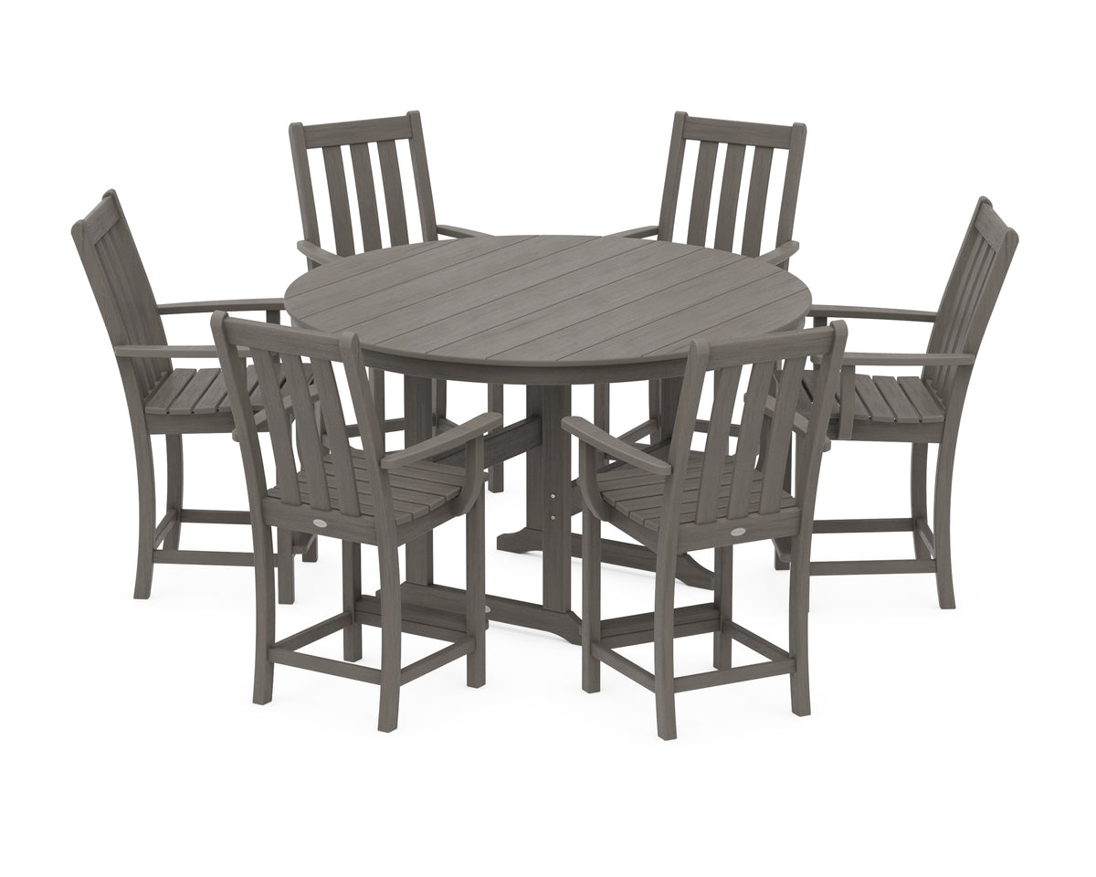 POLYWOOD Vineyard 7-Piece Arm Chair Round Farmhouse Counter Set in Driftwood