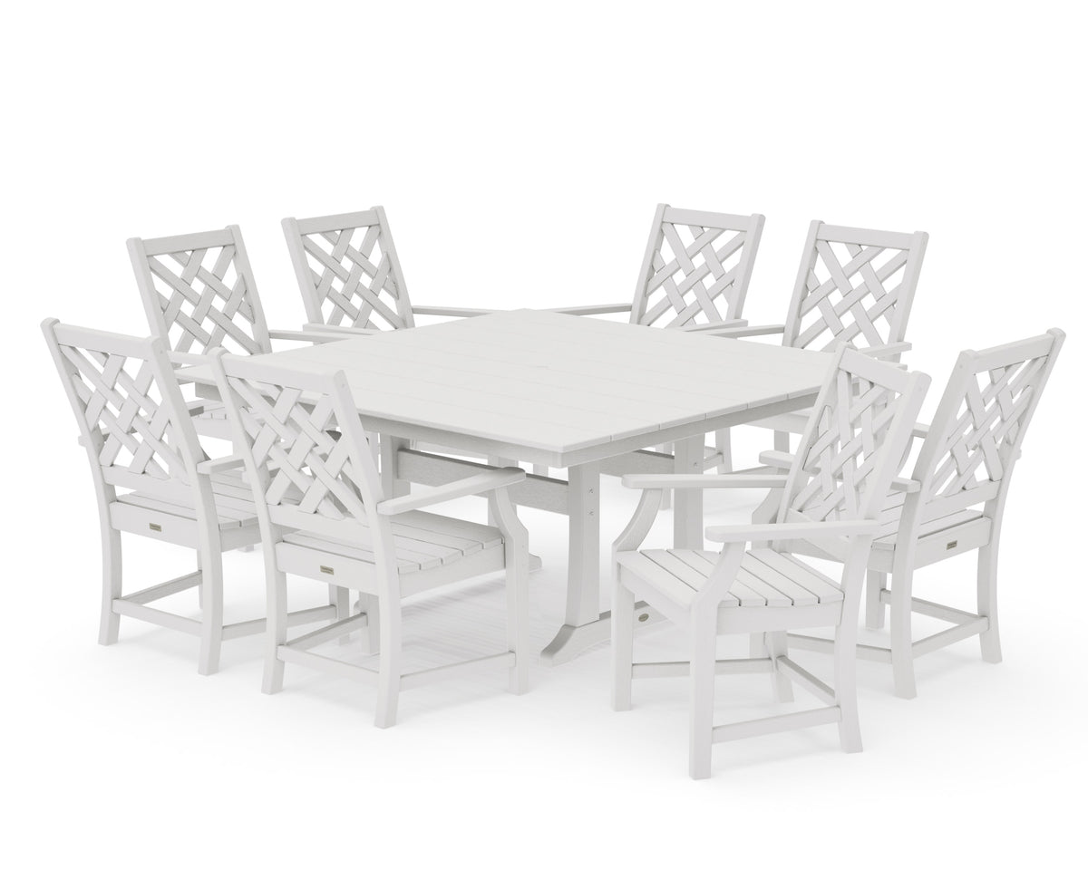 POLYWOOD Wovendale 9-Piece Square Farmhouse Dining Set with Trestle Legs in Vintage White