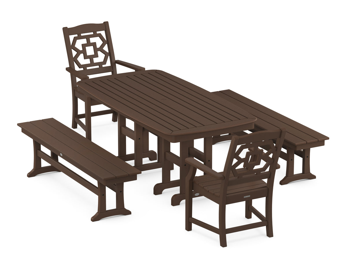 POLYWOOD Chinoiserie 5-Piece Dining Set with Benches in Mahogany